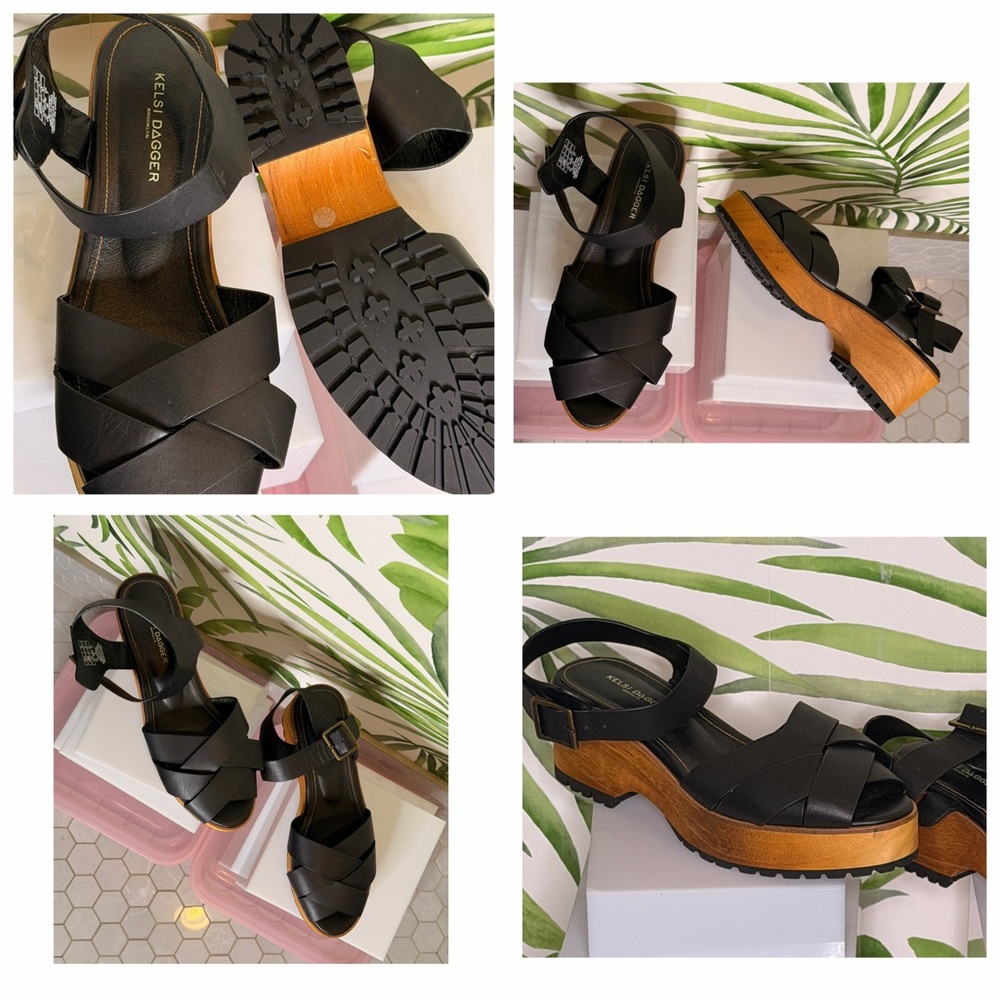 NEW Kelsi Dagger Black Leather Crisscross Platform Sandals size 9.5